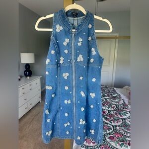 Nasty Gal Denim Crystal Floral Appliqué Denim Minidress